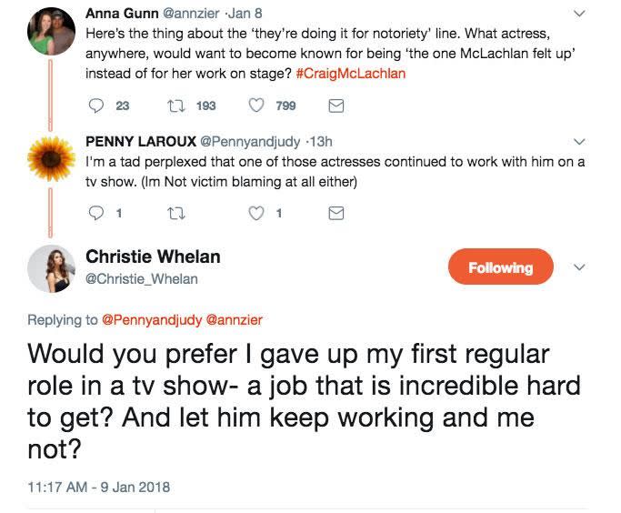 Taking to Twitter on Tuesday, Christie addressed critics who asked why she agreed to work with Craig on the TV show two years after the alleged incident. Source: Twitter/@christie_whelan