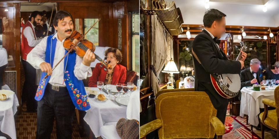 Two photos of instrumentalists playing in luxury train dining cars