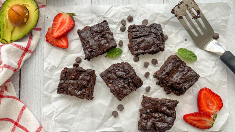 vegan avocado brownies on parchment paper