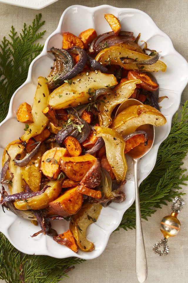 vegan thanksgiving roasted sweet potatoes and pears
