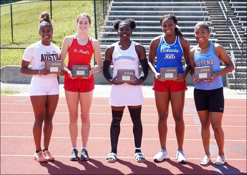 AHSAA Heptathlon Top 5 – from left, Mackenzie Harris, Austin (3rd); Janie Ford, St. Paul’s (2nd);
Rashni Walker, Northridge (1st); Angelica Vines, Vestavia Hills (4th); and Brooklynn Kirksey, Helena
(5th). – (AHSAA PHOTO | David Holtsford)