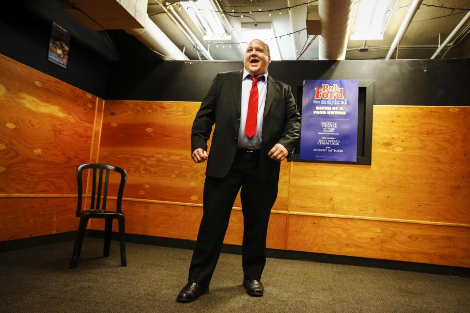 Geoff Stone performs during auditions for "Rob Ford The Musical: The Birth of a Ford Nation" in Toronto, June 16, 2014. Toronto Mayor Rob Ford, who shot to prominence last year after admitting to smoking crack, buying illegal drugs and driving after drinking, insisted for months he did not have a problem. But last month he said he would take time off to deal with his drinking issues. REUTERS/Mark Blinch (CANADA - Tags: POLITICS SOCIETY ENTERTAINMENT)