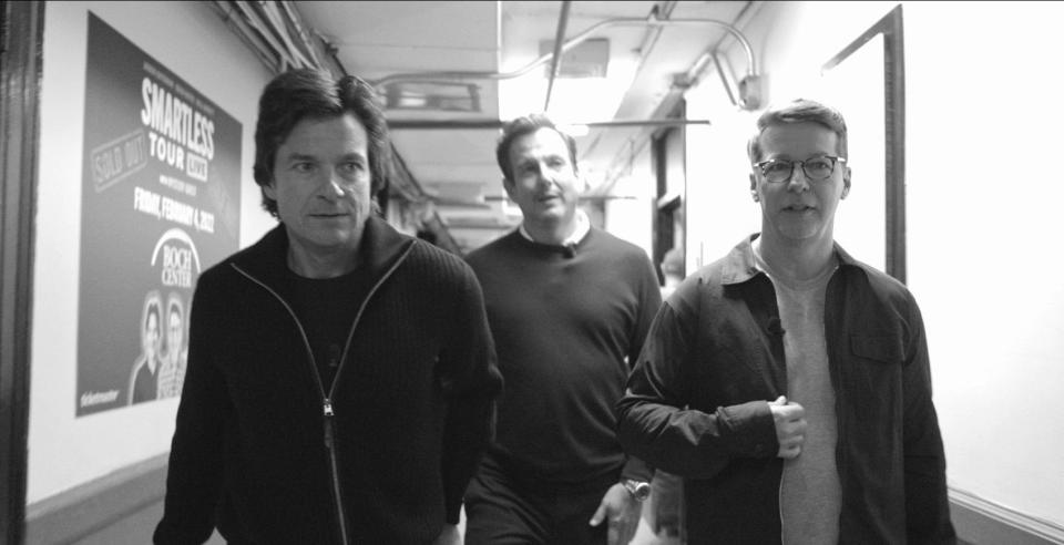This image released by Max shows Jason Bateman, Will Arnett and Sean Hayes in a scene from the six-part docuseries “SmartLess: On the Road." (Max via AP)