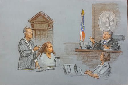 Rowan County clerk Kim Davis (2nd L) is shown in this courtroom sketch during her contempt of court hearing for her refusal to issue marriage certificates to same-sex couples, at the United States District Court in Ashland, Kentucky, September 3, 2015. REUTERS/Marlene Steele