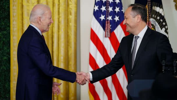 PHOTO: President Joe Biden is introduced by second gentleman Doug Emhoff during a celebration marking Jewish American Heritage Month in the East Room of the White House on May 16, 2023 in Washington, DC. (Chip Somodevilla/Getty Images)