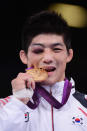 LONDON, ENGLAND - AUGUST 07: Gold medalist Hyeonwoo Kim of Korea in the Men's 66kg Greco-Roman Quarter-Final on Day 11 of the London 2012 Olympic Games at ExCeL on August 7, 2012 in London, England. (Photo by Mike Hewitt/Getty Images)