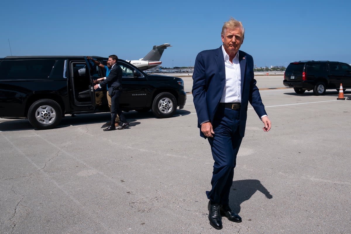 Trump boarding a plane in Florida to take him to a rally in Waco, Texas  (Copyright 2023 The Associated Press. All rights reserved)