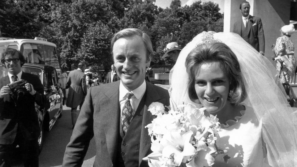 Andrew Parker Bowles and Queen Camilla on their wedding day