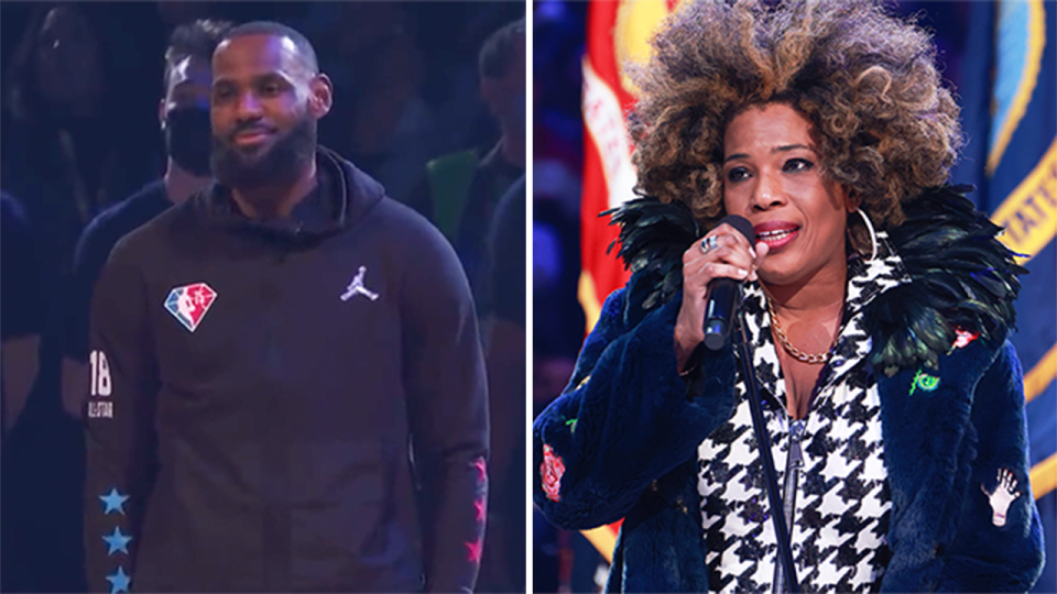 LeBron James (pictured left) smiling during Macy Gray's (pictured right) National Anthem performance.