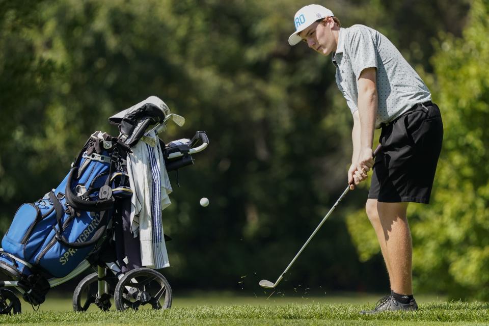 Springboro's Gavin Augenstein chips onto the green during the Best of the West high school boys golf tournament at Miami Whitewater Golf Course on Sunday, Sept. 25, 2022.