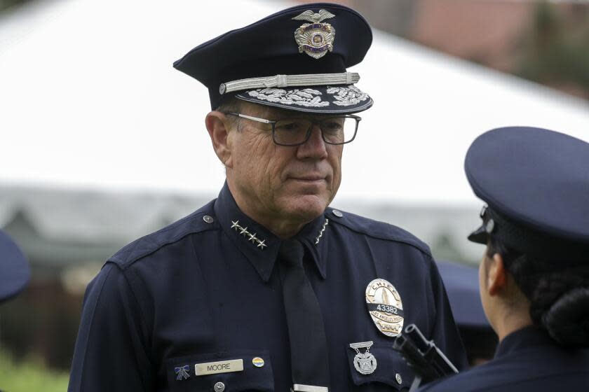 Los Angeles, CA - June 03: LAPD Chief Michel Moore inspects a Recruit Class 11-21 graduating class at a ceremony at Los Angeles Police Academy on Friday, June 3, 2022 in Los Angeles, CA. (Irfan Khan / Los Angeles Times)