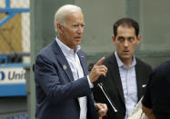 Democratic presidential candidate former Vice President Joe Biden leaves after a visit to Pasadena City College Thursday, Sept. 26, 2019, in Pasadena, Calif. (AP Photo/Marcio Jose Sanchez)