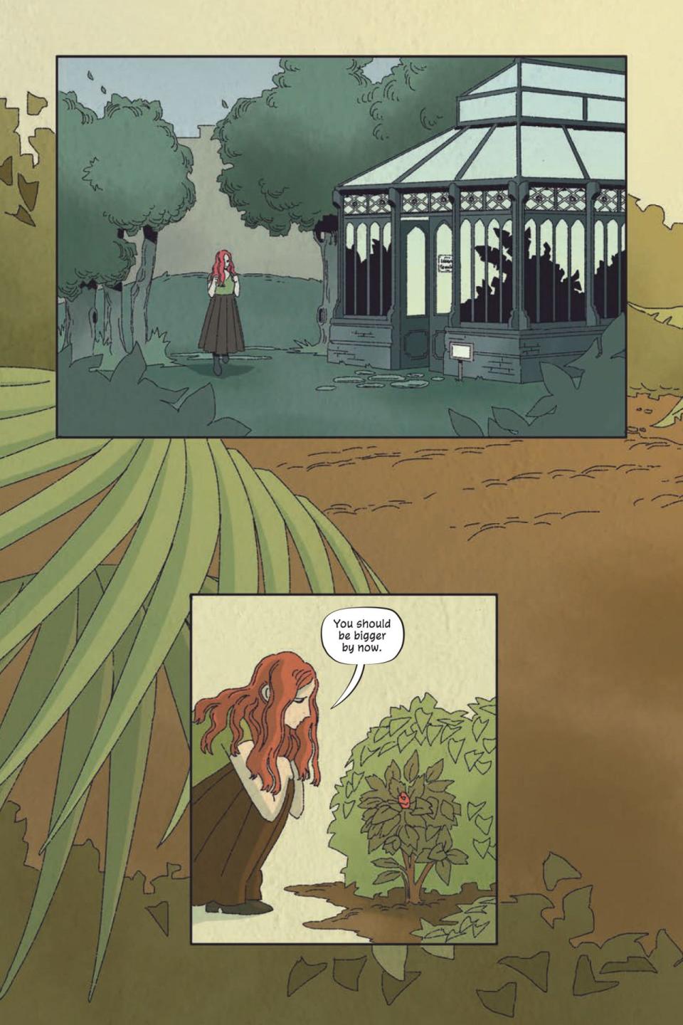 A page from Poison Ivy Thorns shows Ivy in the school garden