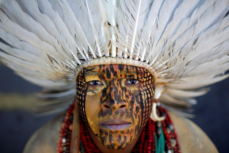 Indigenous Brazilians from different ethnic groups take part in a protest to defend demarcation of indigenous lands, in Brasilia