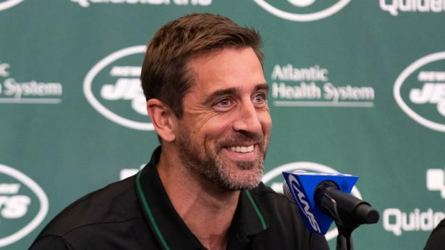 Apr 26, 2023; Florham Park, NJ, USA; New York Jets quarterback Aaron Rodgers (8) talks to the media during the introductory press conference at Atlantic Health Jets Training Center.