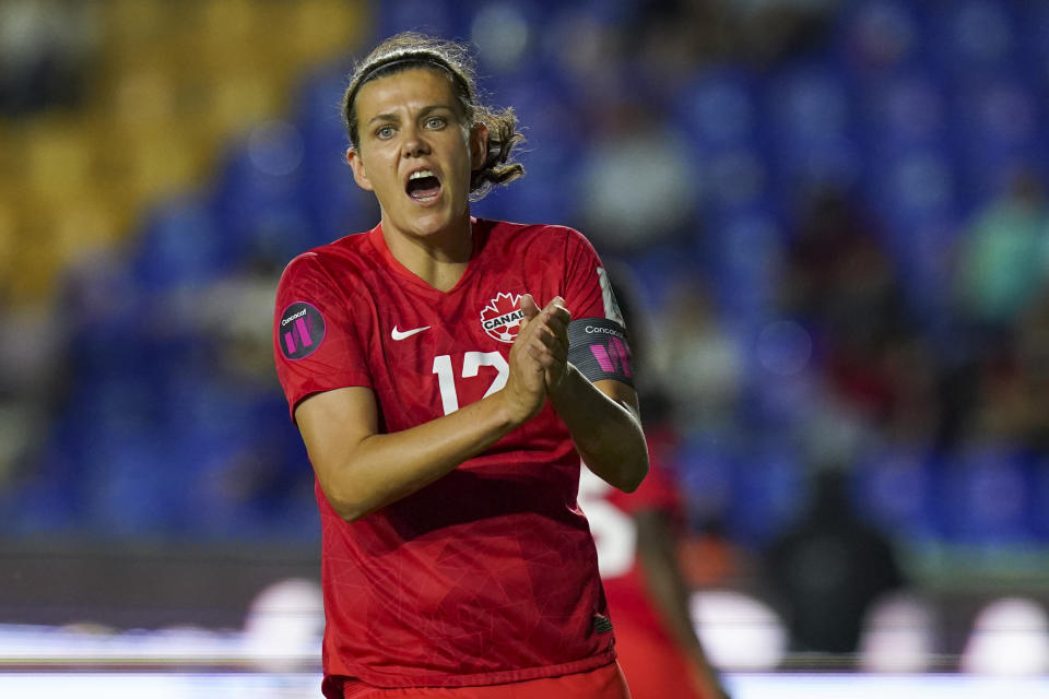 Canada's Christine Sinclair reacts during a CONCACAF Women's Championship soccer semifinal match against Jamaica in Monterrey, Mexico, Thursday, July 14, 2022. (AP Photo/Fernando Llano)