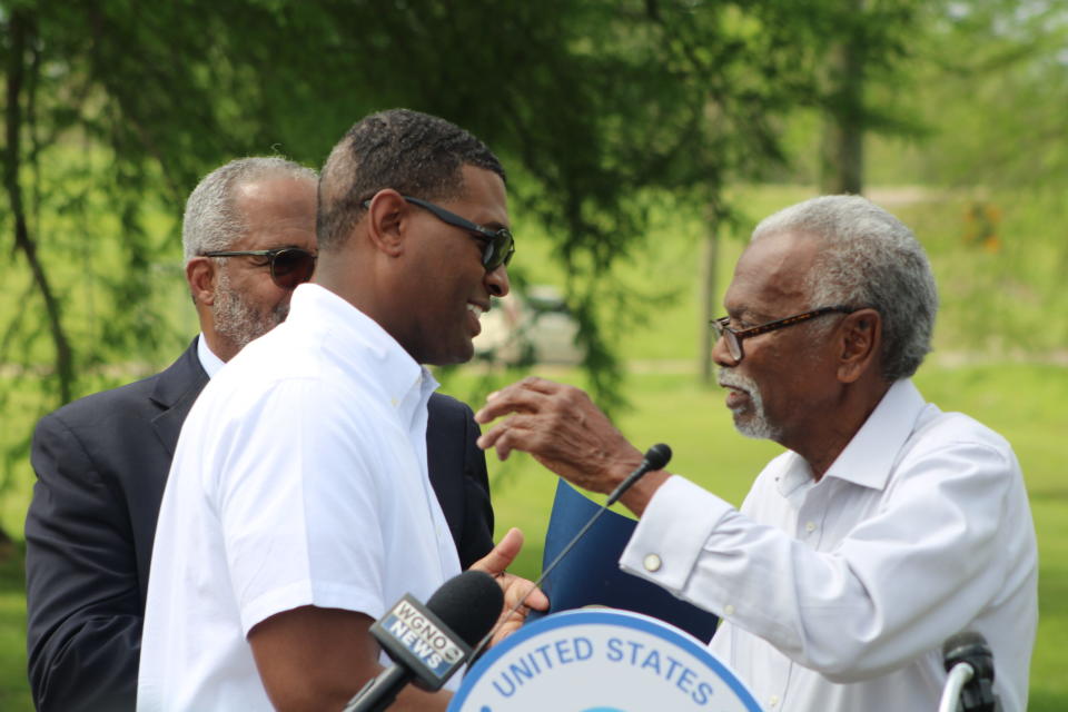 Environmental Protection Agency Administrator Michael Regan embraces Robert Taylor, head of Concerned Citizens of St. John the Baptist Parish