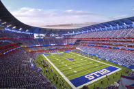 This artist rendering, provided by the National Football League Buffalo Bills, Thursday, March 2, 2023, shows the team's proposed new stadium in Orchard Park, N.Y. Kimberly Sass has traded in her goal crease for a construction hat and football. The former goalie, who won a National Women's Hockey League championship with the Metropolitan Riveters in 2018, has been hired on as project manager in overseeing the building of the Buffalo Bills new stadium. (Courtesy of Buffalo Bills via Populous, via AP)