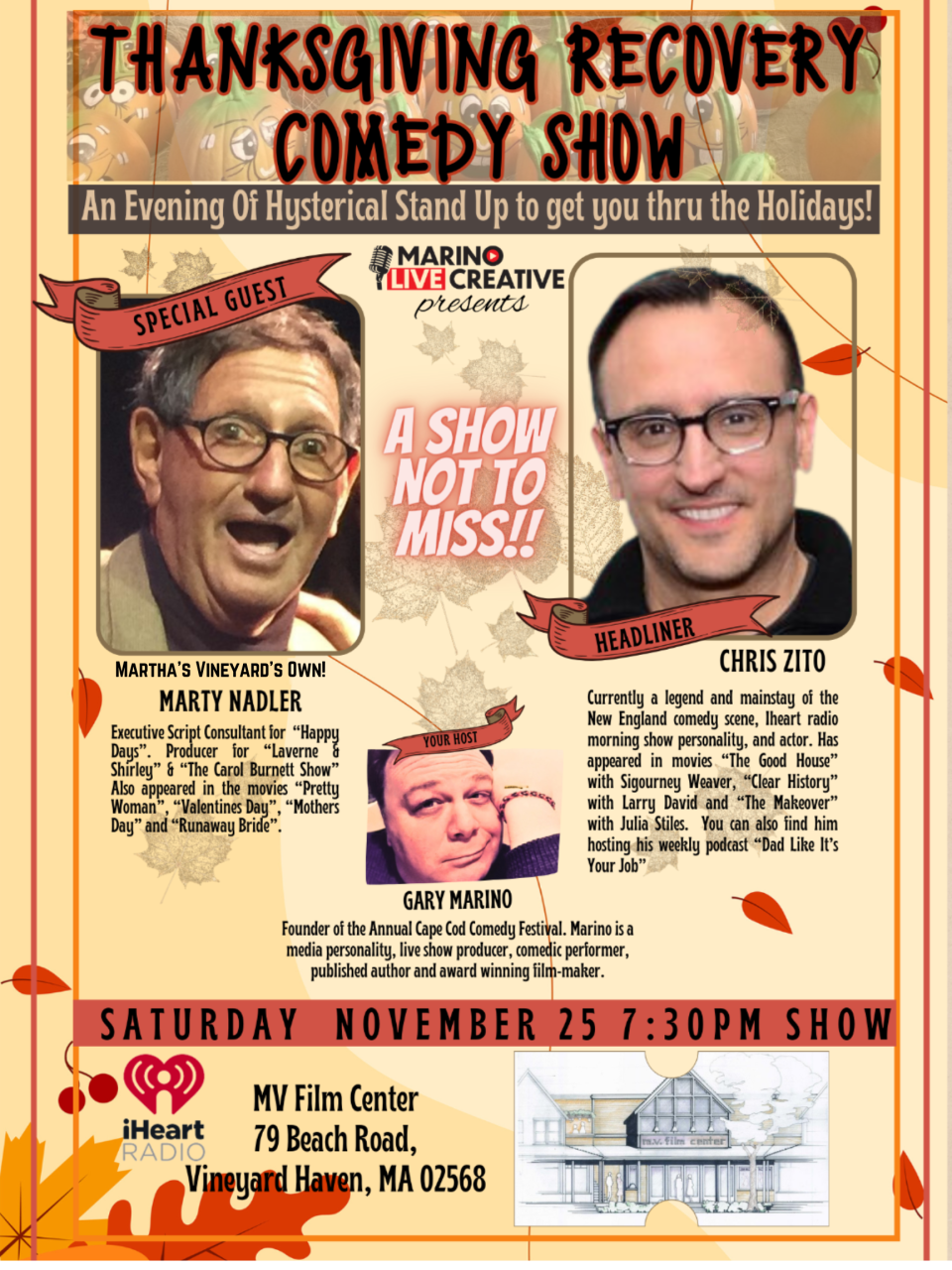 Poster for the "Thanksgiving Recovery" comedy show at the Martha's Vineyard Film Center on Nov. 25.