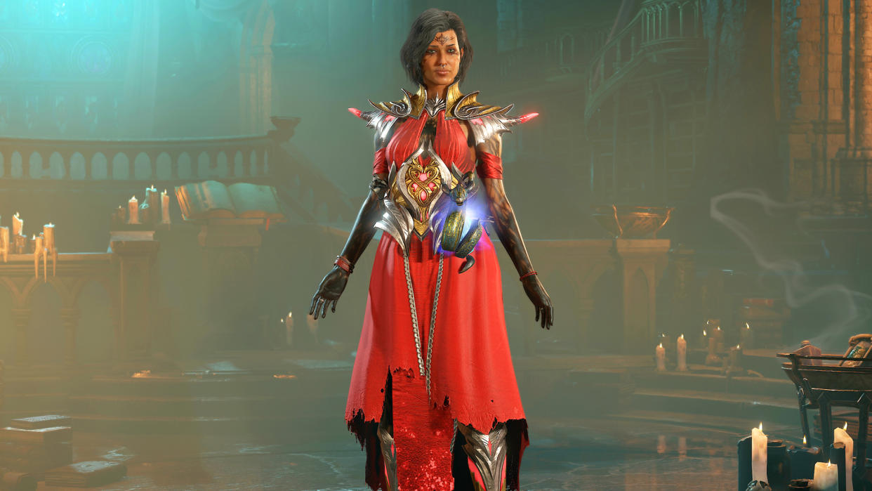  A sorceress from Diablo 4 in red robes. 