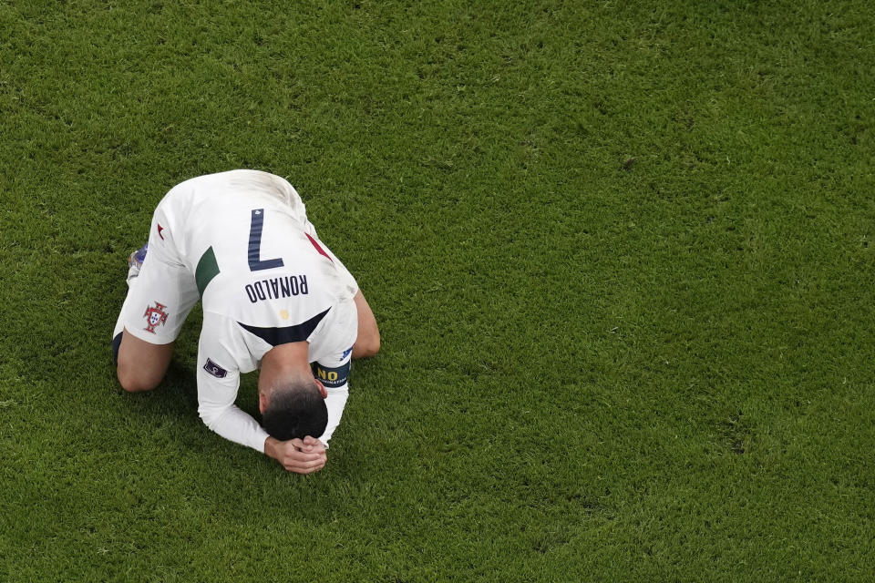 Portugal's Cristiano Ronaldo, reacts after he failed to score during the World Cup quarterfinal soccer match between Morocco and Portugal, at Al Thumama Stadium in Doha, Qatar, Saturday, Dec. 10, 2022. (AP Photo/Thanassis Stavrakis)