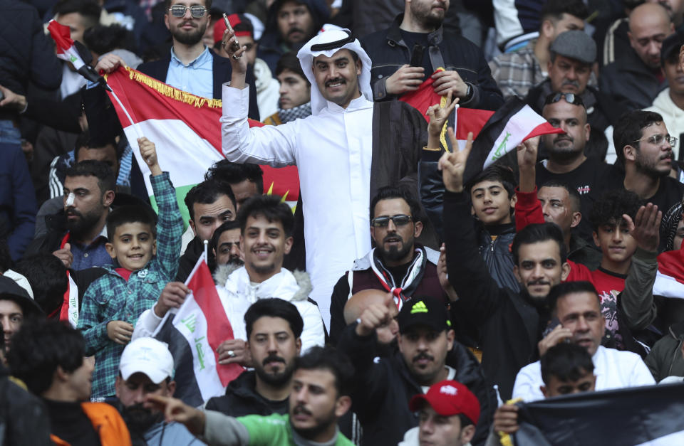 Iraqis fans wait inside the stadium before the Arabian Gulf Cup football final between Iraq and Oman at the Basra International Stadium in Basra, Iraq, Thursday, Jan 19, 2023. (AP Photo/Nabil al-Jurani)