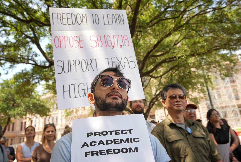 UT professor Bassam Sidiki joins a rally against higher education bills at the Capitol in May.
