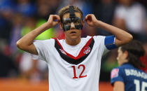 BOCHUM, GERMANY - JUNE 30: Christine Sinclair of Canada reacts during the FIFA Women's World Cup 2011 Group A match between Canada and France at the Fifa Womens World Cup Stadium on June 30, 2011 in Bochum, Germany. (Photo by Alex Grimm/Bongarts/Getty Images)