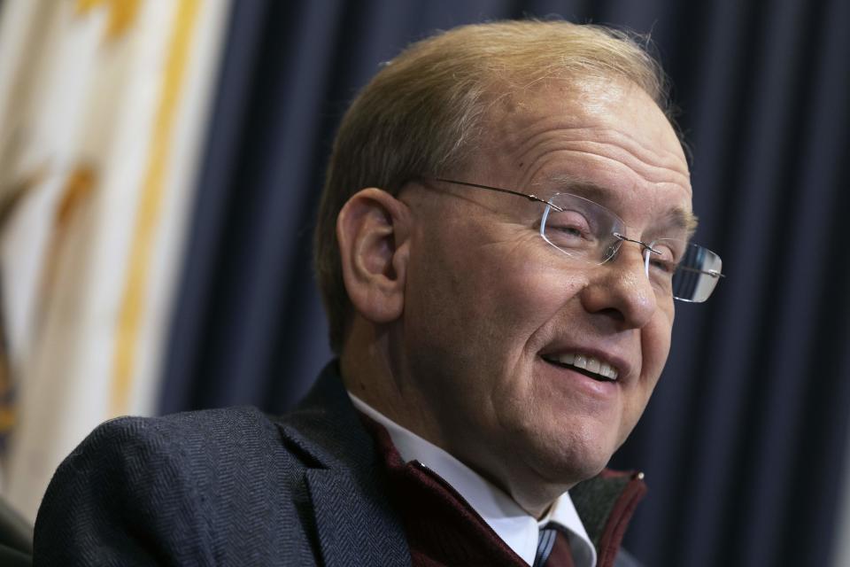 Rep. Jim Langevin, D-R.I., speaks with a reporter in his office, Friday, March 25, 2022, in Warwick, R.I. After the Capitol riot, Langevin said he thought briefly that the foolishness and recklessness of dividing the country would finally stop. That didn’t happen, and the Rhode Island Democrat says it’s one reason why he’s leaving Congress. (AP Photo/Michael Dwyer)