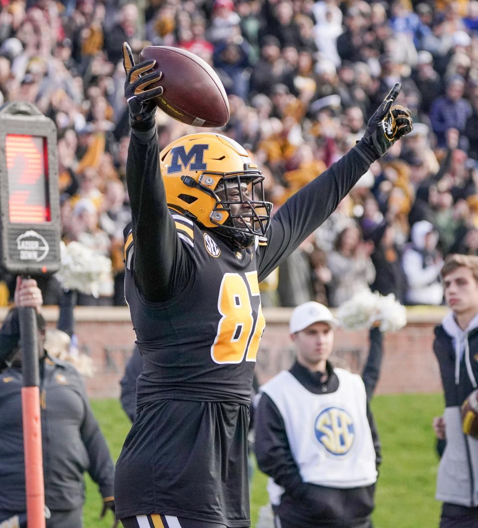 Missouri Tigers tight end Daniel Parker Jr. (82) celebrates after scoring against the South Carolina Gamecocks on Saturday at Faurot Field.