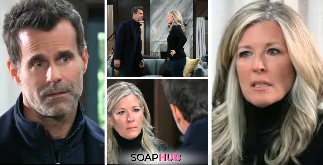 Laura Wright and Cameron Mathison Collage of Scenes from Tuesday, March 12, 2024 with SoapHub Logo.