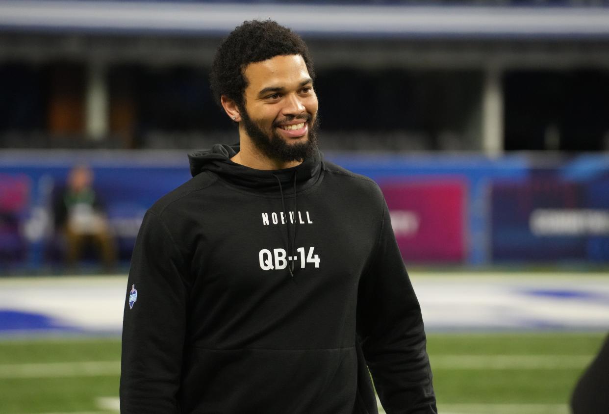 Southern California quarterback Caleb Williams during the 2024 NFL combine at Lucas Oil Stadium.