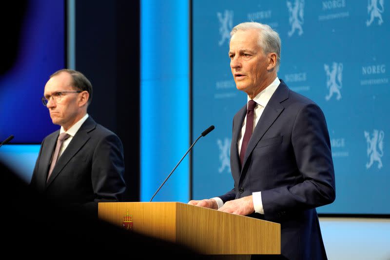 Norway's Prime Minister Jonas Gahr Store attends a press conference in Oslo