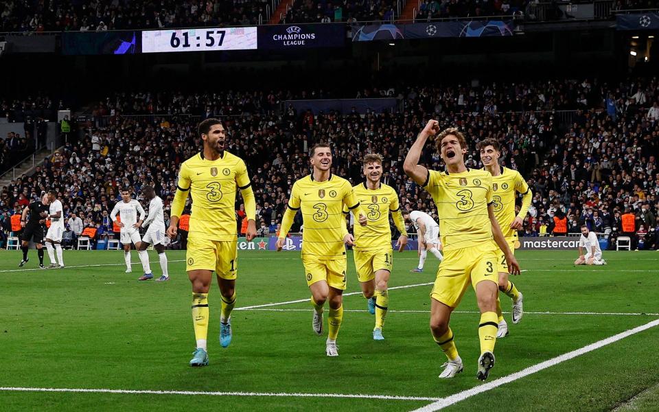 Quarter Final - Second Leg - Real Madrid v Chelsea - Santiago Bernabeu, Madrid, Spain - April 12, 2022 Chelsea's Marcos Alonso celebrates scoring their third goal with teammates before it is disallowed after a VAR review  - REUTERS