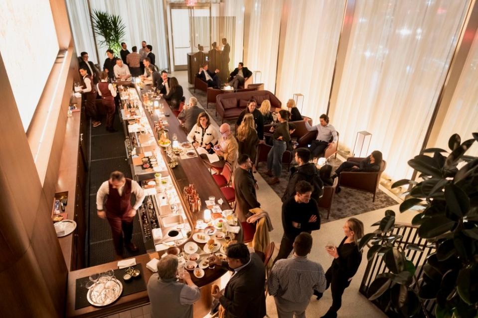 The 84-seat dining floor is supposedly inspired by the 1930s Art Deco ocean liner SS Normandie, and it floats like a mirage above the gleaming ground-floor lounge (pictured). Stefano Giovannini