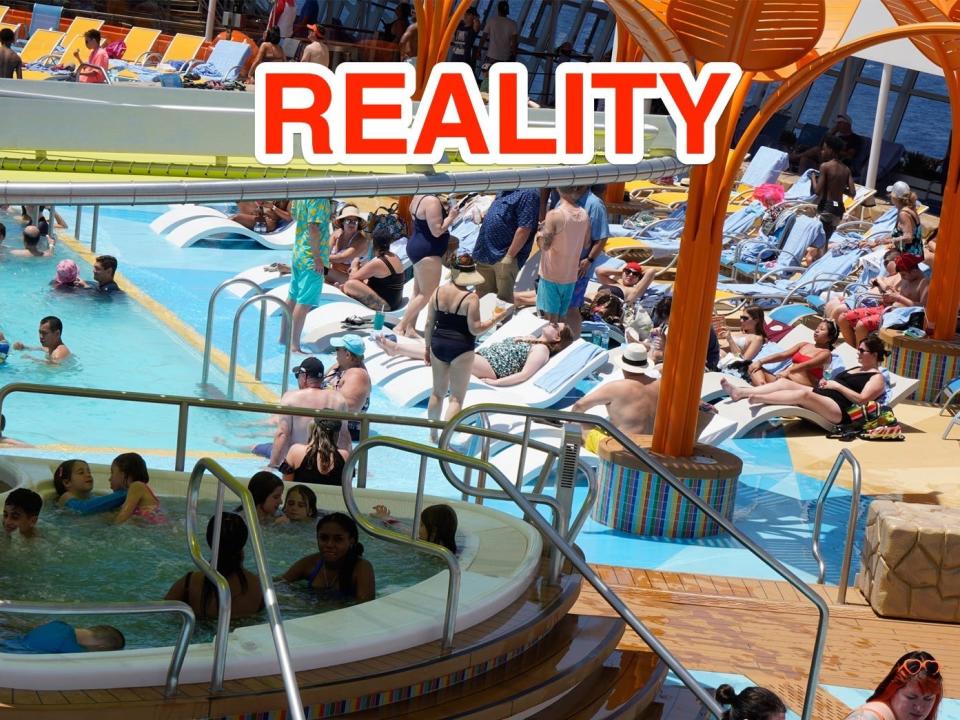 Side-by-side photos show the expectation and reality of going on a cruise