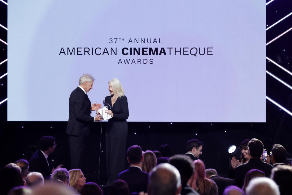 Harrison Ford presents Helen Mirren with the American Cinematheque Award on Thursday