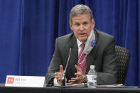 FILE - Gov. Bill Lee speaks during the Tennessee Higher Education Commission session of the state budget hearings on Nov. 10, 2020, in Nashville, Tenn. The health department in Tennessee's most populous county reinstituted a face mask requirement Wednesday, Aug. 18, 2021, for indoor public places such as restaurants, bars and other businesses as a surge in COVID-19 cases strains hospital resources and causes concern in schools. The announcement comes two days after Lee issued an order allowing parents of K-12 students to opt out of mask requirements issued for schools. (AP Photo/Mark Humphrey, File)