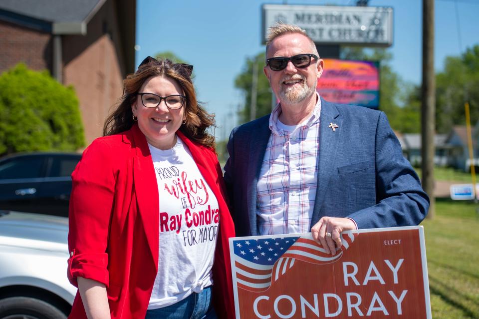 Mayoral candidate Ray Condray poses for a photo with his wife Kim as they canvas outside Meridian Baptist Church during the 2023 Jackson City Elections on May 2, 2023.