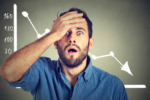 Man standing in front of a downward-trending graph with an expression of shock on his face.