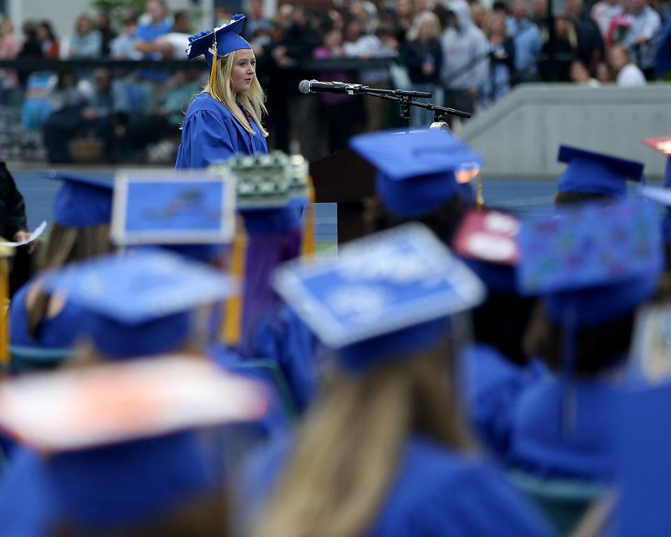 Class valedictorian Clara Sullivan speaks during Scituate High's graduation Friday, June 3, 2022.