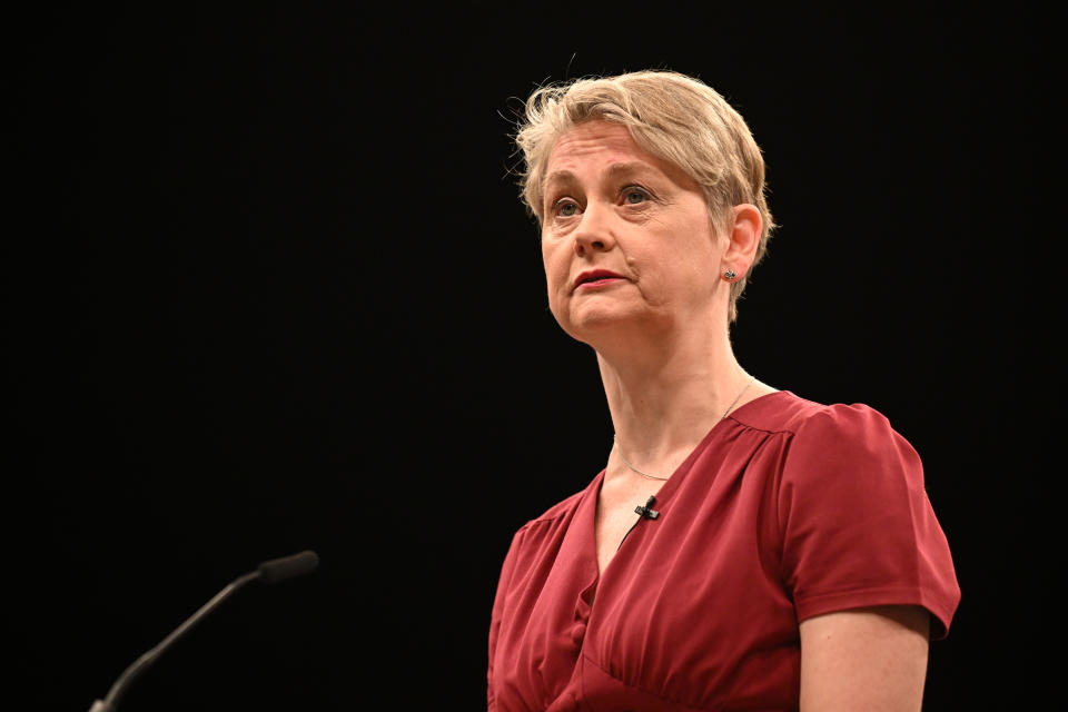 PURFLEET, UNITED KINGDOM - MAY 16: Shadow Home Secretary, Yvette Cooper, speaks at an event to launch Labour's election pledges at The Backstage Centre on May 16, 2024 in Purfleet, United Kingdom. Labour Leader Keir Starmer pledges to deliver economic stability, cut NHS waiting times, launch a new Border Security Command, set up Great British Energy and recruit 6,500 new teachers if Labour win the next General Election. (Photo by Leon Neal/Getty Images)