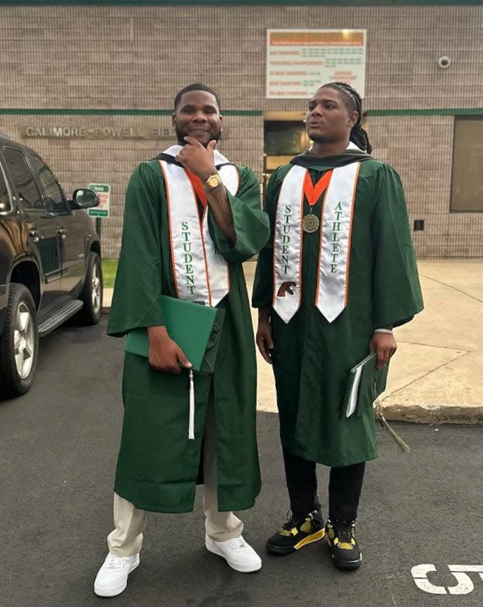 Florida A&M Rattlers linebacker Jordan Moore (left) and Isaiah Major (right) duo graduated from the university together on Friday, Aug. 4, 2023. Moore graduated with a Bachelor of Science in Interdisciplinary Studies. Major graduated with a Bachelor of Science in Health, Leisure, and Fitness.