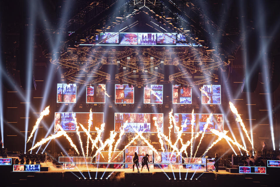 Members of Trans-Siberian Orchestra perform on Nov. 11, 2022 during a rehearsal for their 2022 Winter Tour at Mid-America Center in Council Bluffs, Iowa. (James McEachern/Trans-Siberian Orchestra via AP)