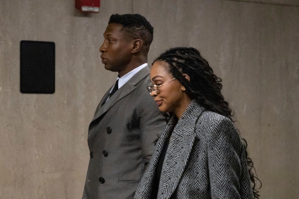 Actor Jonathan Majors and Meagan Good exit a courtroom during a break in jury selection in his domestic violence case, Wednesday, Nov. 29, 2023, in New York. (AP Photo/Yuki Iwamura) (AP)