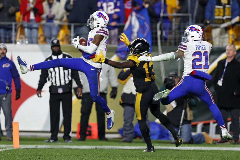 Buffalo Bills cornerback Levi Wallace (39) intercepts a pass intended for Pittsburgh Steelers wide receiver James Washington (13) in the end zone during the second half of an NFL football game in Pittsburgh, Sunday, Dec. 15, 2019. The Bills won 17-10. (AP Photo/Keith Srakocic)