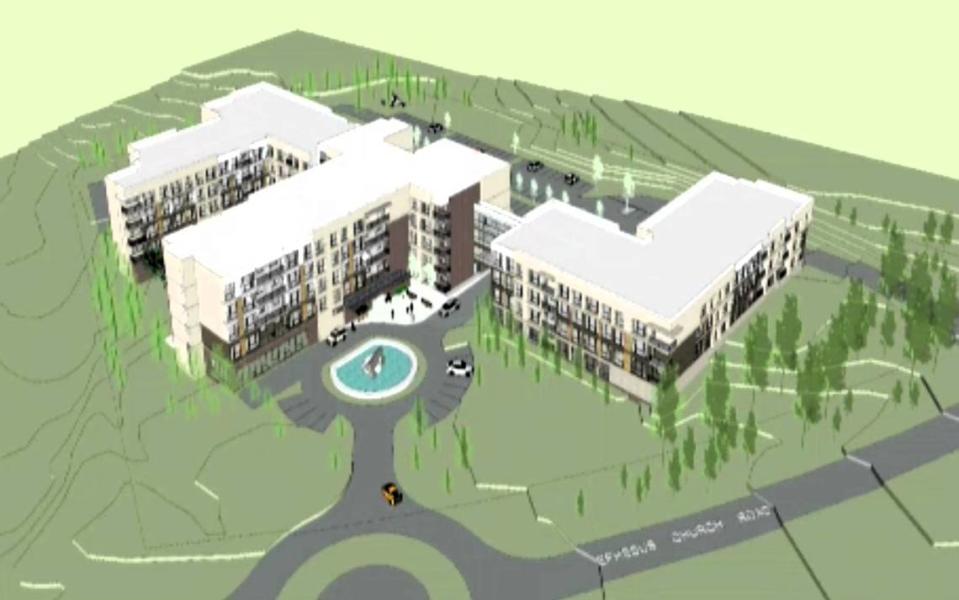 A bird’s eye overview shows a three- to five-story building with three wings and 212 apartments replacing the 65-unit Kings Arms Apartments on Ephesus Church Road in Chapel Hill.