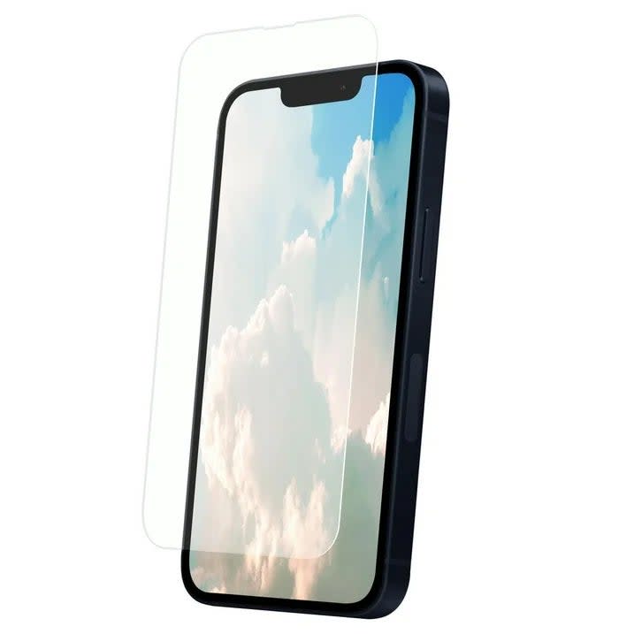 Smartphone with a tempered glass screen protector accessory above it