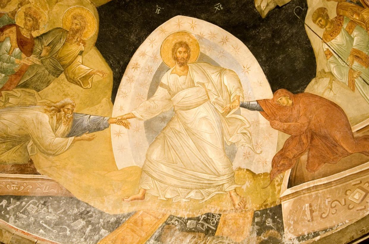 <span class="caption">Resurrection of Christ depicted in 14th-century fresco in Chora Church, Istanbul, Turkey.</span> <span class="attribution"><a class="link " href="https://www.gettyimages.com/detail/photo/resurrection-fresco-in-chora-church-istanbul-turkey-royalty-free-image/124516452?adppopup=true" rel="nofollow noopener" target="_blank" data-ylk="slk:LP7/Collections E+ via Getty Images;elm:context_link;itc:0;sec:content-canvas">LP7/Collections E+ via Getty Images</a></span>