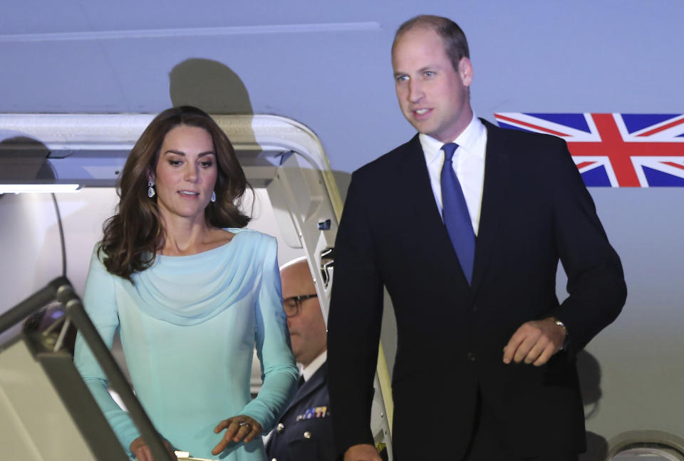 Britain's Prince William and his wife Kate arrived at Nur Khan base in Islamabad, Pakistan, Monday, Oct. 14, 2019. They are on a five-day visit, which authorities say will help further improve relations between the two countries. (AP Photo/B.K. Bangash)